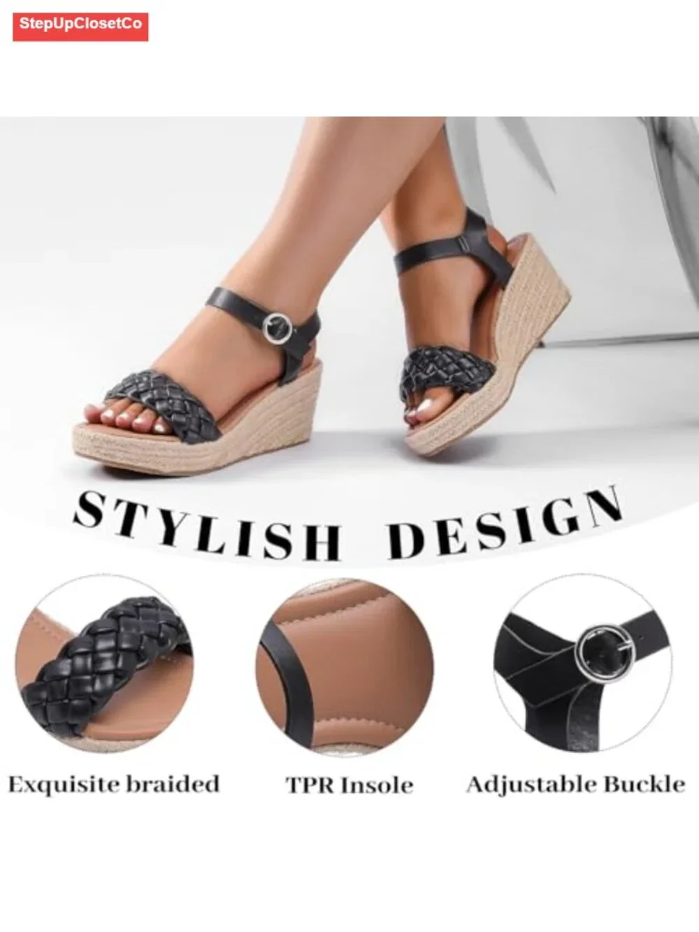 Wide Width Espadrille Wedge Sandals with Ankle Strap, Faux Leather